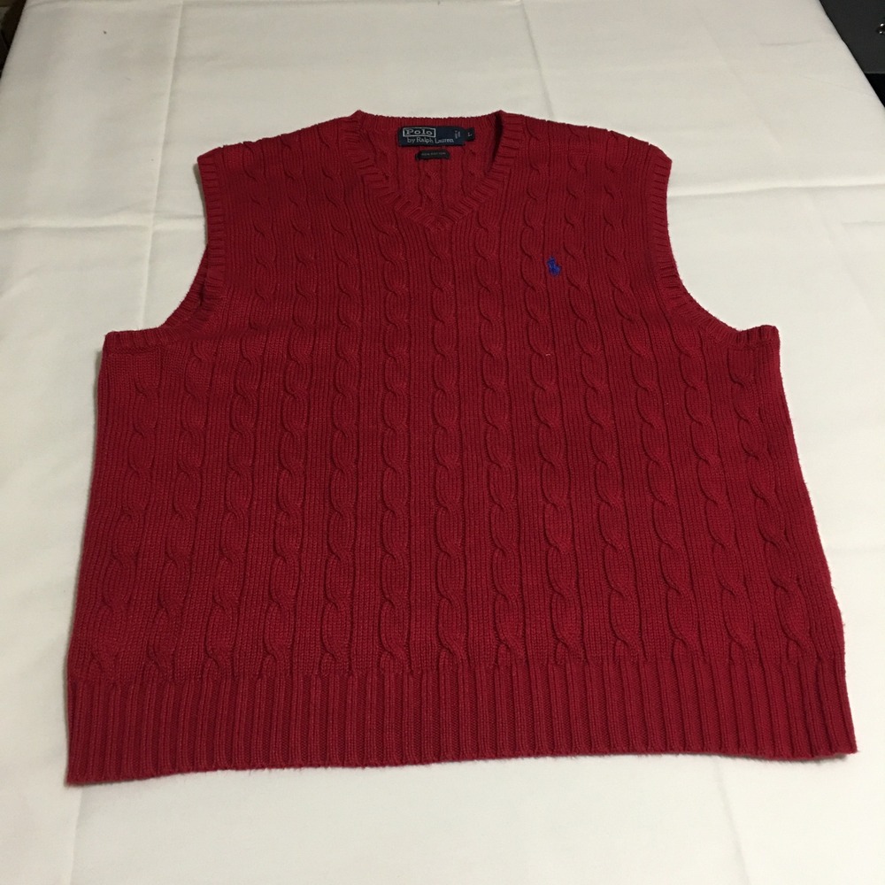 Polo Ralph Lauren Sweater Vest Mens Large Red Cable Knit V-Neck